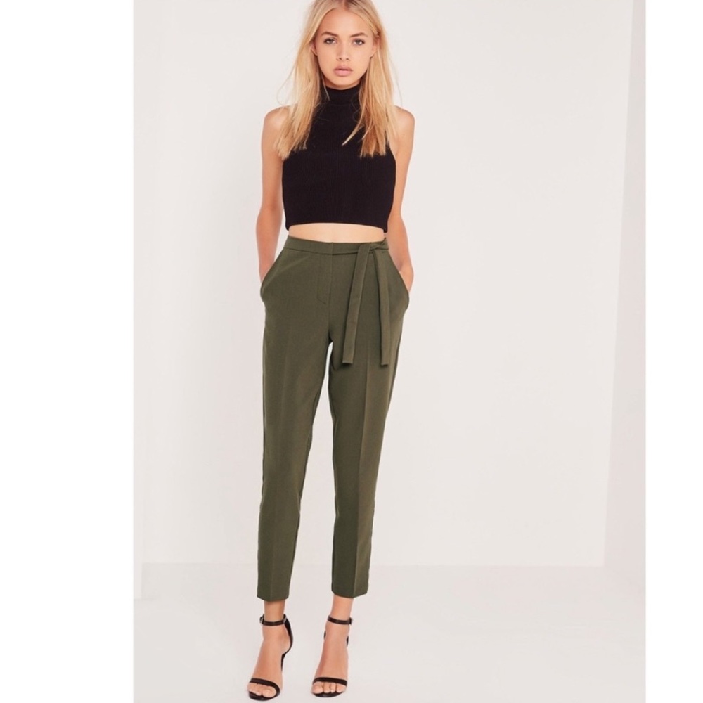 Misguided High Waist Tie Belt Olive Green Pants